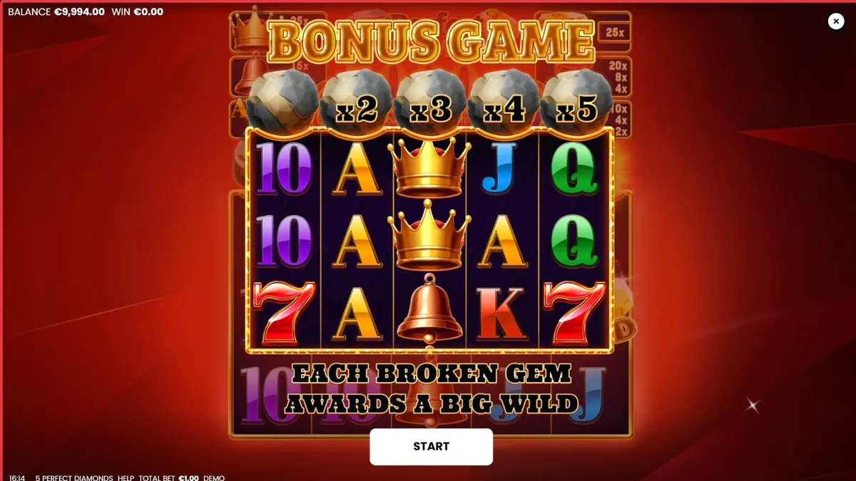 Tampilan visual slot 5 Perfect Diamonds dengan latar belakang merah dan simbol berlian