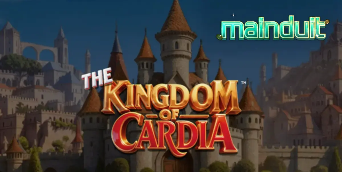 Tampilan antarmuka seluler slot The Kingdom of Cardia dengan latar belakang taman fantasi.